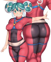 Rule 34 | aqua eyes, aqua hair, ass, bodysuit, breasts, double bun, covered erect nipples, highres, inazuma eleven, inazuma eleven (series), maquia, medium breasts, multicolored hair, multiple views, orizen, pointy ears, silver hair, smile, standing, two-tone hair, white background