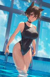 Rule 34 | 1girl, animal ears, black hair, black one-piece swimsuit, blue sky, borrowed character, breasts, cat ears, choker, cirilla lin, closed mouth, competition swimsuit, covered navel, expressionless, highres, indoors, large breasts, looking at viewer, micchan (ohisashiburi), one-piece swimsuit, original, pool, pool ladder, red eyes, short hair, sky, solo, swimsuit, tan, thighs, wading, water, water drop, wet, wet hair, window