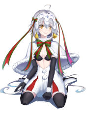 Rule 34 | absurdres, ahoge, bell, black gloves, black thighhighs, breasts, brown eyes, capelet, cleavage, dated, elbow gloves, fate/grand order, fate (series), gloves, grey hair, hair ribbon, highres, jeanne d&#039;arc (fate), jeanne d&#039;arc alter santa lily (fate), long hair, looking at viewer, medium breasts, pom pom (clothes), relws, ribbon, sitting, smile, solo, thighhighs, very long hair, wariza