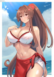 Rule 34 | 1girl, beach, border, breasts, brown eyes, brown hair, cleavage, collarbone, day, flower, hair flower, hair intakes, hair ornament, highres, kantai collection, large breasts, long hair, looking at viewer, navel, one-hour drawing challenge, outdoors, outside border, ponytail, red sarong, sarong, shiromaru (maniado), sidelocks, smile, solo, very long hair, white border, yamato (kancolle)