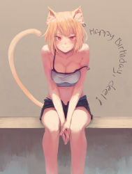 Rule 34 | 1girl, animal ears, bare legs, bare shoulders, black panties, black shorts, blonde hair, blunt bangs, blush, borrowed character, breasts, bright pupils, brown background, camisole, cat ears, cat tail, cleavage, closed mouth, collarbone, earrings, happy birthday, highres, jewelry, leaning forward, lisa (deel), looking at viewer, medium breasts, navel, noccu, original, own hands together, panties, red eyes, shorts, simple background, sitting, sleeveless, solo, spaghetti strap, stomach, strap slip, tail, thong, underwear, v arms, white pupils