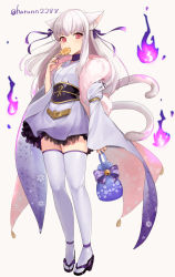 Rule 34 | 1girl, alternate costume, animal ear fluff, animal ears, candy, cat ears, cat tail, choker, commentary, cosplay, detached sleeves, fingernails, fire, fire emblem, fire emblem: three houses, fire emblem fates, fire emblem heroes, food, full body, fur trim, hair ribbon, halloween, halloween costume, haru (nakajou-28), highres, holding, holding candy, holding food, holding lollipop, japanese clothes, kimono, lollipop, long hair, looking at viewer, lysithea von ordelia, mouth hold, multiple tails, nail polish, nintendo, obi, pink eyes, purple choker, purple fire, purple nails, purple ribbon, ribbon, sakura (fire emblem), sakura (fire emblem) (cosplay), sash, short kimono, simple background, tail, thighhighs, twitter username, white background, white hair, white kimono, white thighhighs, wide sleeves, zettai ryouiki