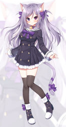 Rule 34 | 1girl, animal ear fluff, animal ears, bell, black choker, black dress, black footwear, black thighhighs, blush, boots, bow, breasts, buttons, cat ears, cat girl, cat tail, choker, closed mouth, commentary request, double-breasted, dress, ears visible through hair, full body, heterochromia, highres, jingle bell, long hair, long sleeves, looking at viewer, mauve, medium breasts, neck bell, original, pleated dress, purple bow, purple eyes, purple hair, sailor collar, sailor dress, smile, solo, split mouth, standing, standing on one leg, tachi-e, tail, tail bow, tail ornament, thighhighs, thighhighs under boots, two side up, very long hair, virtual youtuber, white background, white sailor collar, zoom layer