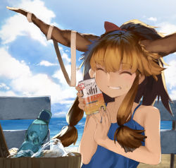 Rule 34 | 1girl, ^ ^, alcohol, alternate costume, alternate hairstyle, bad id, bad pixiv id, bare shoulders, beer, beer can, blue sky, blush, bottle, brown hair, bucket, camisole, can, closed eyes, cloud, day, drink can, facing viewer, grin, hair ornament, hair ribbon, holding, holding can, horizon, horn ornament, horn ribbon, horns, ibuki suika, ice, kinketsu, long hair, ocean, orange hair, outdoors, ponytail, product placement, ramune, ribbon, shirt, sidelocks, sky, sleeveless, smile, solo, spaghetti strap, sunlight, sweat, touhou, upper body