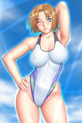 Rule 34 | 1girl, ;d, arm behind head, arm up, armpits, blue eyes, blush, breasts, cleavage, cloud, competition swimsuit, covered erect nipples, day, game cg, groin, hand on own hip, highleg, highleg swimsuit, highres, hip focus, impossible clothes, impossible swimsuit, large breasts, lips, lipstick, looking at viewer, makeup, mifune seren, nail polish, navel, one-piece swimsuit, one eye closed, open mouth, orange hair, outdoors, short hair, sister mermaid, sky, smile, solo, standing, swimsuit, thick thighs, thighs, tsukasa jun, wink
