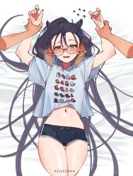 Rule 34 | 1girl, absurdres, arm grab, bespectacled, blue eyes, blush, casual, cowboy shot, crop top, dolphin shorts, extra ears, fang, flying sweatdrops, forehead, glasses, hair between eyes, highres, hololive, hololive english, keisea, long bangs, long hair, looking at viewer, lying, midriff, mole, mole under eye, multicolored hair, navel, ninomae ina&#039;nis, on back, open mouth, orange hair, pinned, pointy ears, pov, pov hands, purple hair, short shorts, short sleeves, shorts, tentacle hair, thigh gap, two-tone hair, very long hair, virtual youtuber