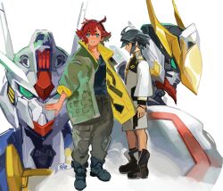 Rule 34 | 1boy, 1girl, absurdres, ahoge, asticassia school uniform, baggy pants, black footwear, black hair, black shirt, blue eyes, boots, brown pants, commentary, cosplay, costume switch, english commentary, full body, green jacket, gundam, gundam aerial, gundam barbatos, gundam suisei no majo, gundam tekketsu no orphans, hair between eyes, highres, in-franchise crossover, jacket, kohiu, long sleeves, looking at viewer, looking down, mecha, mikazuki augus, open clothes, open jacket, pants, parted lips, profile, red hair, robot, school uniform, shirt, short hair, shorts, standing, suletta mercury, thick eyebrows, white jacket, white shorts, wide sleeves