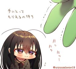Rule 34 | 1girl, antennae, arthropod girl, brown eyes, brown hair, chibi, cockroach girl, commentary, commentary request, disembodied hand, dress, flying sweatdrops, harumina mau, highres, long hair, original, solo, translation request, twitter username, very long hair
