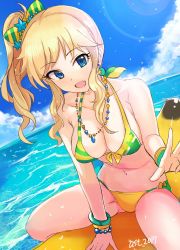 Rule 34 | 10s, :d, artist name, ashita (2010), banana boat, bikini, blonde hair, blue eyes, blue sky, bracelet, breasts, cleavage, day, dutch angle, earrings, fang, gluteal fold, highres, idolmaster, idolmaster cinderella girls, jewelry, large breasts, lens flare, long hair, navel, necklace, ohtsuki yui, open mouth, outdoors, riding, side ponytail, sidelocks, sitting, sky, smile, solo, swimsuit, w, wet, yellow bikini