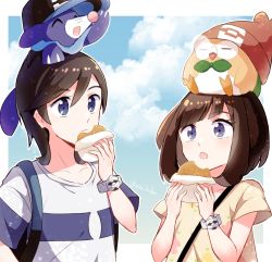 Rule 34 | 1boy, 1girl, :o, bad id, bad twitter id, baseball cap, blue eyes, border, bracelet, brown hair, bubble, closed mouth, clothed pokemon, cloud, collarbone, commentary request, creatures (company), eating, elio (pokemon), eyelashes, food, food on face, game freak, gen 7 pokemon, hand up, hat, highres, holding, jewelry, malasada, nintendo, on head, open mouth, outside border, pokemon, pokemon (creature), pokemon on head, pokemon sm, popplio, rowlet, selene (pokemon), shirt, short sleeves, sky, sleeping, striped clothes, striped shirt, t-shirt, tere asahi, tongue, white border, yellow shirt, z-ring