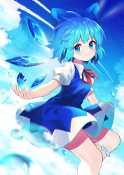 Rule 34 | 1girl, absurdres, blue bow, blue dress, blue eyes, blue hair, blue sky, bow, cirno, closed mouth, cloud, collared shirt, dress, hair bow, highres, ice, ice wings, looking at viewer, neck ribbon, outdoors, pinafore dress, puffy short sleeves, puffy sleeves, red ribbon, ribbon, shirt, short hair, short sleeves, sky, sleeveless dress, smile, solo, touhou, water, white shirt, wings, yuujin (yuzinn333)