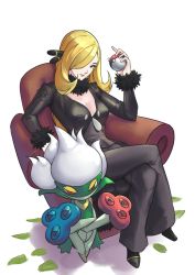 Rule 34 | 1girl, absurdres, black pants, blonde hair, breasts, chair, cleavage, creatures (company), crossed legs, cynthia (pokemon), full body, fur-trimmed sleeves, fur trim, game freak, gen 4 pokemon, hair ornament, hair over one eye, highres, holding, holding poke ball, ikanote, long hair, long sleeves, looking at viewer, medium breasts, nintendo, pants, parted lips, poke ball, pokemon, pokemon (creature), pokemon dppt, red eyes, roserade, simple background, sitting, white background