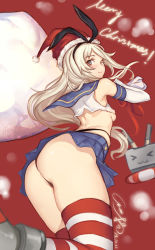 Rule 34 | &gt; &lt;, 10s, 1girl, :3, ass, black panties, blonde hair, blue eyes, blush, breasts, christmas, closed eyes, elbow gloves, evan yang, gloves, hairband, hat, kantai collection, long hair, looking at viewer, looking back, merry christmas, one eye closed, panties, pantyshot, patterned legwear, personification, rensouhou-chan, sack, santa hat, shimakaze (kancolle), sideboob, skirt, small breasts, smile, snow, solo, striped clothes, striped thighhighs, thighhighs, thong, two-tone stripes, underboob, underwear, upskirt, white gloves, wink