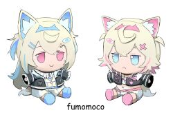 Rule 34 | ago (owenanaken), animal ear fluff, black jacket, blonde hair, blue eyes, blue footwear, blue hairband, c:, character doll, chibi, colored inner animal ears, commentary, cropped jacket, cropped shirt, dog girl, dog tail, dress, english commentary, english text, frown, full body, fumo (doll), fuwawa abyssgard, fuwawa abyssgard (1st costume), hairband, hololive, hololive english, jacket, long hair, mococo abyssgard, mococo abyssgard (1st costume), navel, no humans, open clothes, open jacket, outstretched arms, pink eyes, pink footwear, pink hairband, short hair, shorts, simple background, sitting, smile, spiked hairband, spikes, spread arms, tail, virtual youtuber, white background, white dress, white shorts