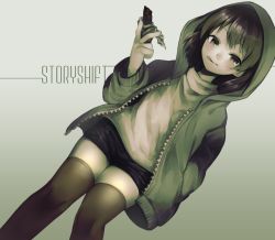 Rule 34 | ;d, alternate costume, alternate universe, androgynous, bad id, bad pixiv id, black shorts, brown hair, chara (undertale), chocolate, commentary request, feet out of frame, gender request, grey background, hand in pocket, hood, hood up, hoodie, long sleeves, looking at viewer, one eye closed, open clothes, open hoodie, open mouth, oshiruko (tsume), red eyes, shirt, short hair, shorts, simple background, smile, solo, storyshift, thighhighs, undertale, undertale au, unzipped, white shirt