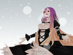 Rule 34 | 1girl, absurdres, alternate costume, alternate hairstyle, blonde hair, breath, female focus, fingernails, gradient hair, happy, highres, hijiri byakuren, long fingernails, long hair, multicolored hair, open mouth, purple hair, ribbed sweater, shinoi, snow, snowing, solo, sweater, touhou, very long hair, winter, yellow eyes