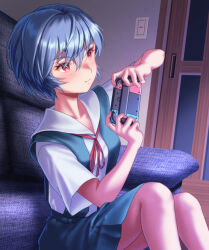 Rule 34 | 1girl, ayanami rei, blue hair, blue skirt, blush, bow, bowtie, closed mouth, collarbone, collared shirt, commentary, concentrating, couch, door, dress shirt, hair between eyes, handheld game console, highres, holding, holding handheld game console, light switch, living room, looking ahead, neck ribbon, neon genesis evangelion, nintendo switch, on couch, playing games, red bow, red bowtie, red eyes, red ribbon, ribbon, school uniform, serious, shirt, short hair, sitting, skirt, solo, suspender skirt, suspenders, tokyo-3 middle school uniform, wavy mouth, white shirt, yahha