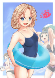 Rule 34 | 3girls, artist logo, blonde hair, blue background, blue eyes, blue one-piece swimsuit, breasts, commentary request, competition swimsuit, cowboy shot, dated, innertube, irako (kancolle), janus (kancolle), kantai collection, moke ro, multiple girls, myoukou (kancolle), one-piece swimsuit, parted bangs, school swimsuit, short hair, small breasts, solo focus, swim ring, swimsuit