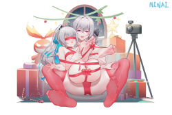 Rule 34 | 2girls, alexandra pavlovna zaychik, ass, barefoot, blindfold, blue hair, box, bronya zaychik, camera, christmas, colored inner hair, covered eyes, feet, gift, gift box, grey hair, hair between eyes, highres, honkai (series), honkai impact 3rd, long hair, looking at viewer, mother and daughter, multicolored hair, multiple girls, naked ribbon, ninai, no shoes, open mouth, panties, ponytail, purple eyes, red panties, red ribbon, red thighhighs, ribbon, sitting, soles, thighhighs, toes, two-tone hair, underwear, upper body