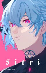Rule 34 | 1boy, blue hair, close-up, cross, cross in eye, demon boy, demon horns, highres, horns, inverted cross, male focus, pentagram, pink background, sitri (what in hell is bad), star tattoo, tattoo, what in hell is bad