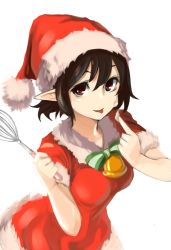 Rule 34 | 1girl, bad id, bad twitter id, bell, black hair, bow, cream, cream on face, food, food on face, hat, highres, looking at viewer, nuqura, pointy ears, red eyes, santa costume, santa hat, shameimaru aya, short hair, short sleeves, simple background, solo, tongue, tongue out, touhou, whisk, white background