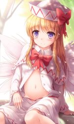 Rule 34 | 1girl, blonde hair, blue eyes, bow, bowtie, capelet, commentary request, eyes visible through hair, fairy wings, hat, hat bow, highres, lily white, long hair, long sleeves, looking at viewer, lzh, navel, open clothes, red bow, red bowtie, smile, solo, stomach, touhou, wings