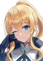 Rule 34 | 1girl, absurdres, blonde hair, blue eyes, blue gloves, closed mouth, commentary request, genshin impact, gloves, hair between eyes, head tilt, highres, jean (genshin impact), long hair, looking at viewer, one eye closed, otabaaa, ponytail, portrait, simple background, smile, solo, tears, white background