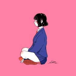 Rule 34 | 1girl, black hair, blue jacket, blue skirt, blush, from side, full body, highres, jacket, lisa (illustsan430), long sleeves, looking at viewer, necktie, original, pink background, pleated skirt, red necktie, school uniform, shirt, shoes, short hair, signature, simple background, sitting, skirt, solo, white shirt