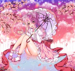 Rule 34 | 1girl, :d, artist name, bad id, bad pixiv id, cherry blossom cookie, cherry blossoms, cloud, cookie run, dated, highres, long hair, open mouth, outdoors, panties, pantyshot, parasol, pink footwear, pink hair, pink skirt, pink sky, pink theme, puddle, rain, ripples, sitting, skirt, sky, smile, solo, tacco (tikeworld), umbrella, underwear