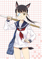 Rule 34 | 00s, 1girl, agahari, aged down, alternate costume, animal ears, bag, black hair, duffel bag, eyepatch, no pants, one-piece swimsuit, sakamoto mio, school swimsuit, school uniform, shinai, solo, strike witches, swimsuit, swimsuit under clothes, sword, tail, weapon, world witches series
