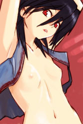 Rule 34 | 1girl, armpits, arms up, black hair, breasts, face, flat chest, lips, michael f91, nipples, original, red eyes, solo, vest
