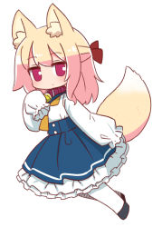 Rule 34 | 1girl, alternate costume, animal ear fluff, animal ears, bell, black footwear, blonde hair, blue skirt, blush, bow, brown collar, closed mouth, collar, commentary request, fox ears, fox girl, fox tail, frilled skirt, frills, full body, hair bow, hand up, highres, jingle bell, kemomimi-chan (naga u), long hair, long sleeves, looking at viewer, naga u, neck bell, orange neckwear, original, pantyhose, puffy long sleeves, puffy sleeves, red bow, red eyes, shirt, shoes, simple background, skirt, sleeves past fingers, sleeves past wrists, solo, suspender skirt, suspenders, tail, white background, white pantyhose, white shirt
