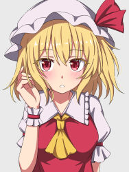 Rule 34 | 1girl, ascot, blonde hair, blush, chestnut mouth, colored eyelashes, commentary, eyes visible through hair, flandre scarlet, frilled shirt collar, frills, grey background, grey hat, grey shirt, hair between eyes, hand in own hair, hand up, hat, hat ribbon, highres, looking at viewer, medium hair, mob cap, red eyes, red ribbon, ribbon, rimasu71, shirt, simple background, sketch, solo, split mouth, touhou, upper body, wrist cuffs, yellow ascot