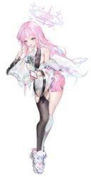 Rule 34 | 1girl, absurdres, asymmetrical legwear, blue archive, breasts, brown eyes, detached sleeves, halo, highres, large breasts, long hair, looking at viewer, low wings, mika (blue archive), open mouth, pink hair, pink skirt, r aeel, skirt, smile, white background, wings