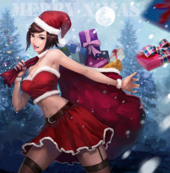 Rule 34 | 1girl, armpits, belt, black thighhighs, breasts, brown eyes, brown hair, buckle, choker, christmas, christmas lights, christmas tree, cleavage, crop top, full moon, garter straps, gift, grin, hat, highres, holding, john law bc, large breasts, lips, looking at viewer, merry christmas, midriff, moon, navel, original, parted lips, red skirt, sack, santa costume, santa hat, short hair, skirt, smile, snowing, solo, teeth, text focus, thighhighs, white choker
