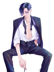 Rule 34 | 1boy, absurdres, ballroom e youkoso, black eyes, black hair, black pants, bowtie, cigarette, ear piercing, earrings, eyeshadow, highres, invisible chair, jewelry, kugimiya masami, makeup, male focus, open clothes, open shirt, pants, piercing, ring, rogue rsan, shirt, sitting, solo, undone bowtie, white background, white shirt
