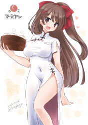 Rule 34 | 1girl, apron, bamboo steamer, brown eyes, brown hair, china dress, chinese clothes, covered navel, dress, feet out of frame, hair ornament, hair ribbon, hairclip, kantai collection, kappougi, kitagawa mikio, long hair, mamiya (kancolle), motherly, one-hour drawing challenge, open mouth, ribbon, short sleeves, side slit, simple background, solo, white background, white dress