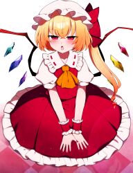 Rule 34 | 1girl, absurdres, ascot, blonde hair, blush, collarbone, collared shirt, crystal, fingernails, flandre scarlet, frilled shirt collar, frilled skirt, frills, hair between eyes, hat, highres, long hair, mob cap, nail polish, one side up, open mouth, red eyes, red nails, red skirt, red vest, shirt, skirt, solo, touhou, vest, white hat, white shirt, wings, wrist cuffs, yellow ascot, you (noanoamoemoe)
