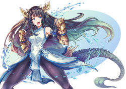 Rule 34 | 1girl, armpits, black hair, black pantyhose, blue dress, blue eyes, blush, brown hair, china dress, chinese clothes, clenched hands, dragon girl, dragon horns, dragon tail, dress, fins, gauntlets, gradient hair, green hair, hair ornament, head fins, highres, horns, karin (p&amp;d), long hair, multicolored hair, open mouth, pantyhose, puzzle &amp; dragons, scales, shouma (bravespiritya), solo, spiked knuckles, tail, very long hair
