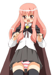 Rule 34 | 00s, 1girl, :o, angry, artist request, black dress, blush, cape, dress, from below, long hair, louise francoise le blanc de la valliere, open mouth, panties, pantyshot, pink eyes, pink hair, school uniform, serafuku, skirt, solo, striped clothes, striped panties, thighhighs, underwear, upskirt, wand, white background, zero no tsukaima
