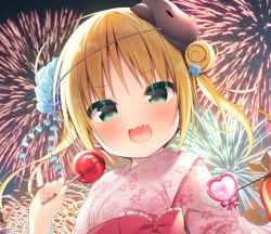 1girl :3 :d aerial_fireworks bear_mask blonde_hair blue_flower blue_rose blush bow candy_apple cherry_blossom_print commentary_request double_bun fang fireworks floral_print flower food frilled_bow frills green_eyes hair_bun hair_flower hair_ornament hanamiya_natsuka heart holding holding_food japanese_clothes kimono long_hair looking_at_viewer mask mask_on_head night obi open_mouth original outdoors parted_bangs pink_kimono print_kimono red_bow rose sash smile solo twintails upper_body