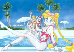 Rule 34 | 1990s (style), 5girls, :p, adjusting hair, aino minako, anklet, bikini, bishoujo senshi sailor moon, black hair, blonde hair, blue eyes, blue hair, bracelet, braid, breasts, brown hair, chair, cleavage, cup, double bun, drink, earrings, eyewear on head, flower, green eyes, hair bobbles, hair flower, hair ornament, highres, hino rei, jewelry, kino makoto, long hair, looking at viewer, mizuno ami, multiple girls, nail polish, necklace, official art, one-piece swimsuit, open mouth, palm tree, parasol, pink nails, ponytail, pool, ring, sarong, short hair, sitting, sky, smile, sunglasses, swimsuit, takeuchi naoko, tongue, tongue out, tree, tsukino usagi, twin braids, umbrella, wink