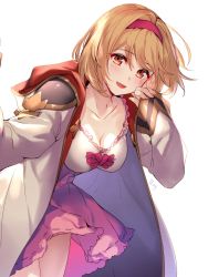 Rule 34 | 1girl, aki663, blonde hair, breasts, brown eyes, cleavage, collarbone, djeeta (granblue fantasy), granblue fantasy, hair between eyes, hairband, highres, hood, hoodie, jacket, nail polish, open clothes, open jacket, pink nails, pink skirt, simple background, skirt, solo, white background