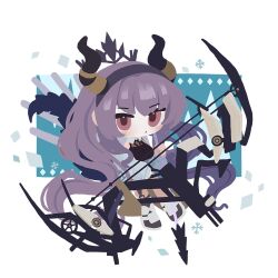 Rule 34 | 1girl, arknights, black shirt, blue background, blush, border, bow (weapon), chibi, commentary, compound bow, grey jacket, highres, holding, holding bow (weapon), holding weapon, horns, jacket, long hair, looking at viewer, off shoulder, parted lips, pink eyes, purple hair, shirota (petapeta84), shirt, simple background, snowflakes, solo, typhon (arknights), very long hair, weapon, white background