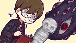 Rule 34 | 1boy, @ @, black vest, brown shirt, bug, clipboard, closed mouth, coat, cocoon, collared shirt, commentary request, employee (project moon), glasses, grey coat, grey eyes, hatake shimeji, holding, holding clipboard, holding pen, light frown, lobotomy corporation, long sleeves, necktie, no nose, open clothes, open coat, outline, pen, project moon, red necktie, shirt, simple background, spider, spider bud, vest, white outline, writing, yellow background