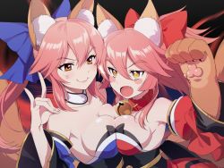 Rule 34 | 2girls, anger vein, animal ear fluff, animal ears, animal hands, bare shoulders, bell, blue kimono, breast press, breasts, collar, detached collar, detached sleeves, fangs, fate/grand order, fate (series), fox ears, fox girl, fox shadow puppet, fox tail, gloves, hair between eyes, hakka (88hk88), japanese clothes, jingle bell, kimono, large breasts, multiple girls, neck bell, paw gloves, paw shoes, pink hair, shoes, symmetrical docking, tail, tamamo (fate), tamamo cat (fate), tamamo cat (first ascension) (fate), tamamo no mae (fate/extra), upper body, wide sleeves, yellow eyes