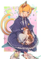 Rule 34 | 1girl, 3 (sanyako1), :3, animal, animal ears, arknights, black dress, black necktie, cat, cat day, cat ears, cat girl, cat tail, collared shirt, dated, dress, fang, gothic lolita, green eyes, heart, highres, holding, holding animal, holding cat, lolita fashion, long sleeves, looking at viewer, mousse (arknights), multicolored hair, multiple tails, necktie, notice lines, open mouth, orange hair, seiza, shirt, short hair, sitting, skin fang, solo, sparkle, spoken heart, streaked hair, tail, thought bubble, white hair, white shirt, yarn, yarn ball