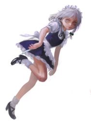 Rule 34 | 1girl, absurdres, black footwear, black ribbon, bow, braid, closed mouth, commentary, frilled skirt, frills, from side, full body, green bow, grey eyes, hair bow, hair ribbon, hairband, high heels, highres, holding, holding knife, izayoi sakuya, knife, looking at viewer, looking to the side, neck ribbon, purple skirt, purple vest, ribbon, shoes, short hair, side braids, simple background, skirt, socks, solo, touhou, treeware, tress ribbon, vest, white background, white hair, white hairband, white socks