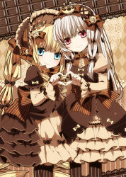 Rule 34 | 00s, 2girls, argyle, argyle background, argyle clothes, blonde hair, blue eyes, blush, bonnet, bow, bowtie, brown dress, brown theme, chocolate, crown, doily, dress, drill hair, frilled dress, frills, hairband, heart, heart hands, lace background, lolita fashion, long hair, moru, multiple girls, red eyes, ribbon, rozen maiden, shinku, silver hair, smile, striped, suigintou, twintails, very long hair