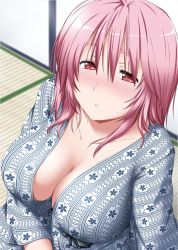 Rule 34 | 1girl, blush, breasts, cleavage, eyes visible through hair, half-closed eyes, japanese clothes, kimono, large breasts, looking at viewer, looking up, no bra, nori tamago, nose blush, open clothes, open kimono, parted lips, pink hair, red eyes, saigyouji yuyuko, short hair, solo, sweat, touhou